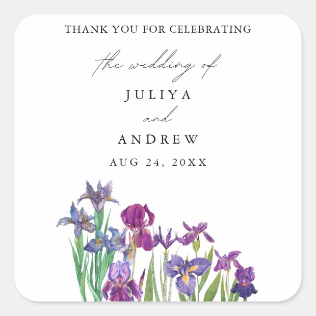 Elegant watercolor Iris flower  script wedding Square Sticker (Front)