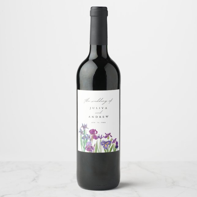 Elegant watercolor Iris flower script wedding  Wine Label (Front)