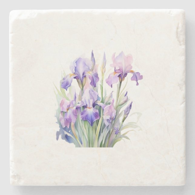 Elegant Watercolor Iris Sandstone Coasters (Front)