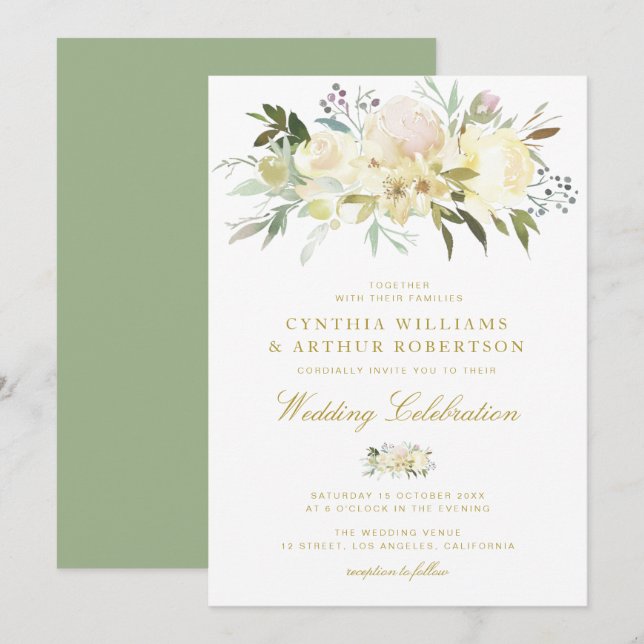 elegant watercolor ivory floral wedding invitation (Front/Back)