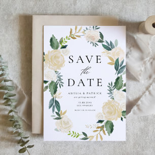 Elegant Watercolor Ivory Floral Wreath Wedding Save The Date