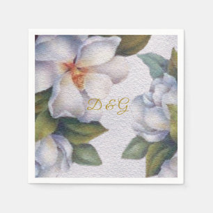 Elegant Watercolor Ivory Magnolia Gold Monogram Napkin