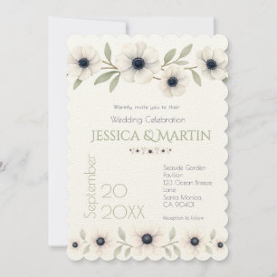 Elegant Watercolor Ivory Navy Blue Anemone Wedding Invitation