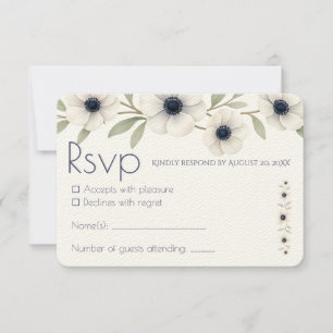 Elegant Watercolor Ivory Navy Blue Anemone Wedding RSVP Card