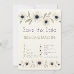Elegant Watercolor Ivory Navy Blue Anemone Wedding Save The Date