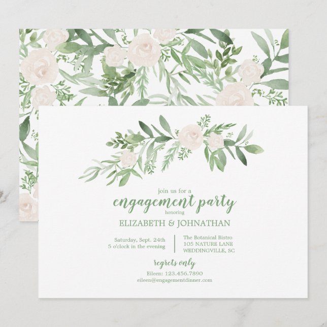 Elegant Watercolor Ivory Rose Engagement Party Invitation (Front/Back)