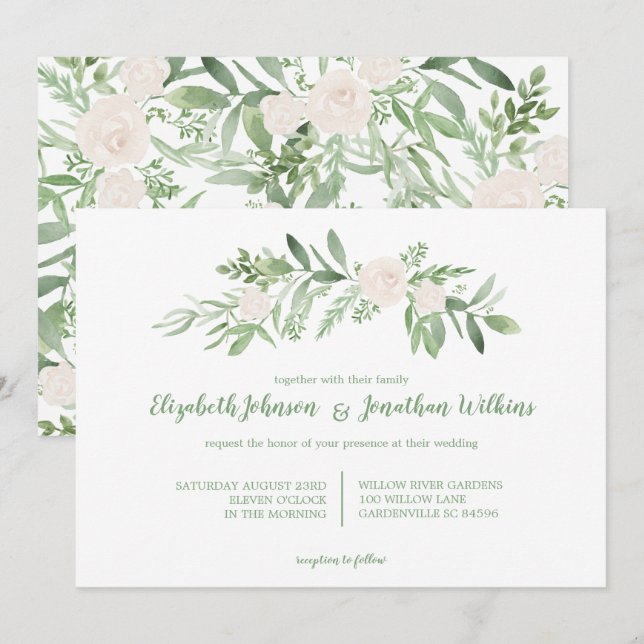 Elegant Watercolor Ivory Rose Wedding Ceremony Invitation (Front/Back)