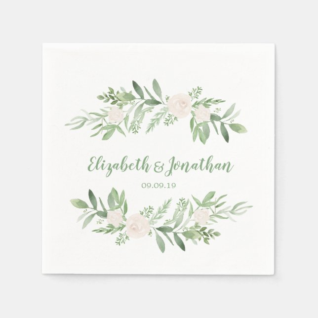 Elegant Watercolor Ivory Rose Wedding Napkin (Front)