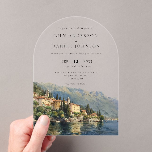 Elegant Watercolor Lake Como Italian Wedding Arch Acrylic Invitations (Insitu (Handheld))
