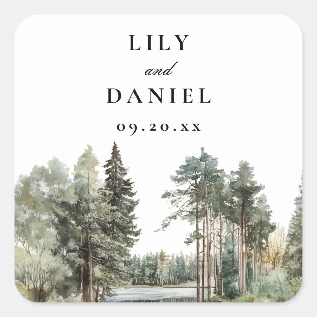 Elegant Watercolor Lake Forest Woodland Wedding Square Sticker (Front)
