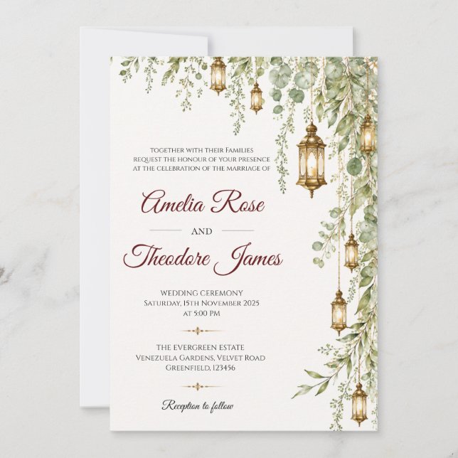 Elegant Watercolor Lantern Wedding Invitation (Front)