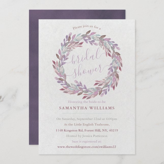 Elegant Watercolor Laurel Wreath Bridal Shower Invitation (Front/Back)