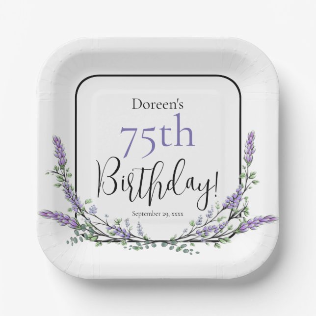 Elegant watercolor lavender botanical birthday paper plate (Front)