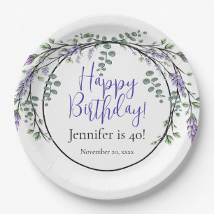 Elegant watercolor lavender botanical birthday paper plate