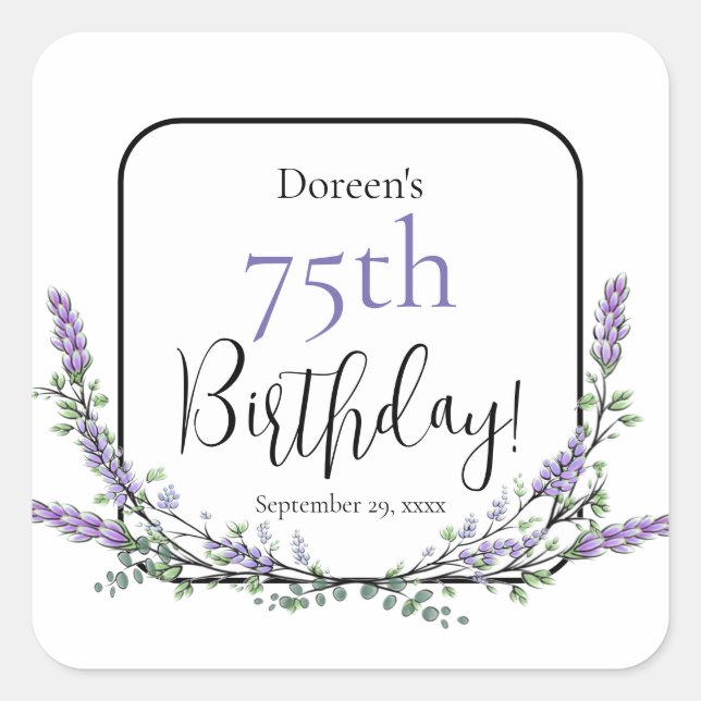 Elegant watercolor lavender botanical birthday square sticker (Front)