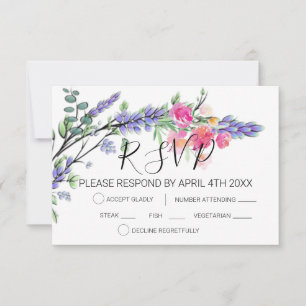 Elegant watercolor lavender eucalyptus pink roses RSVP card