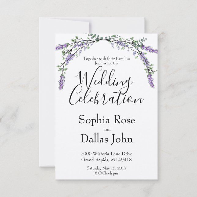 Elegant Watercolor Lavender Eucalyptus Wedding Invitation (Front)