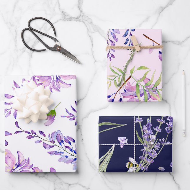 Elegant Watercolor Lavender Floral Wrapping Paper Sheet (Front)