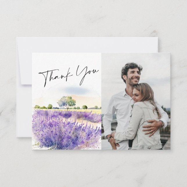 Elegant Watercolor Lavender Flowers Field Photo Thank You Card (Front)