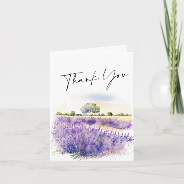 Elegant Watercolor Lavender Flowers Field Thank You Card (Front)
