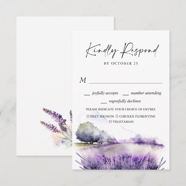Elegant Watercolor Lavender Flowers Field Wedding RSVP Card (Front/Back)