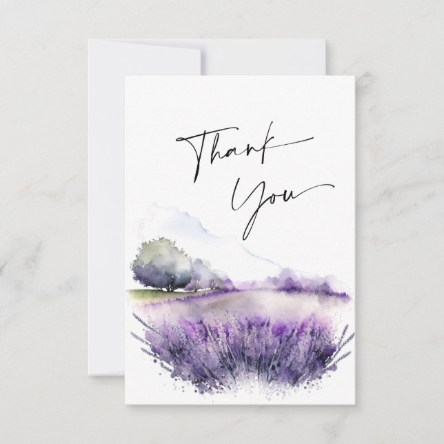 Elegant Watercolor Lavender Flowers Field Wedding Thank You Card (Front)
