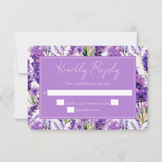 Elegant Watercolor Lavender Flowers Wedding RSVP Card (Front)