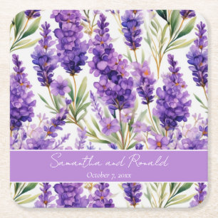 Elegant Watercolor Lavender Flowers Wedding Square Paper Coaster