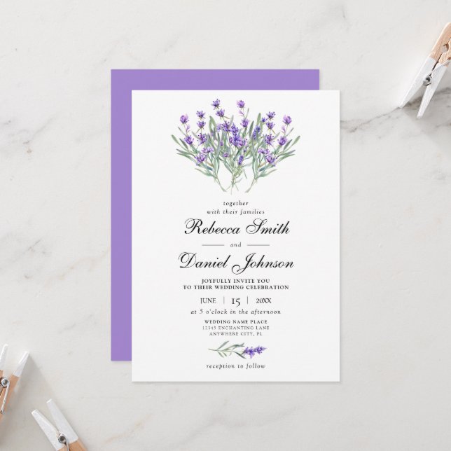 Elegant Watercolor Lavender Purple Floral Wedding Invitation (Front/Back In Situ)