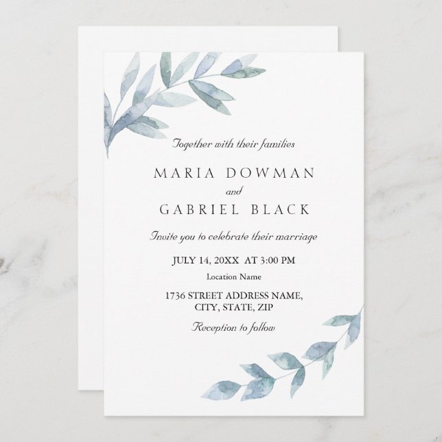 Elegant watercolor leaf  botanical wedding invitation (Front/Back)