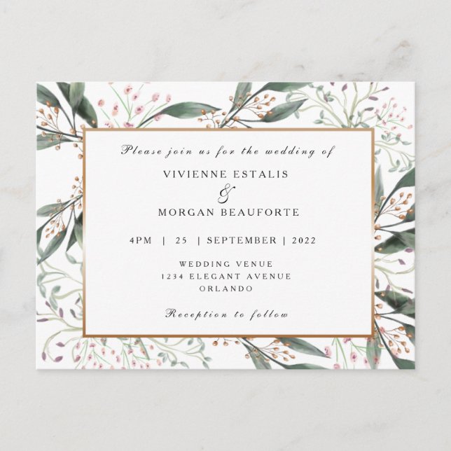 Elegant watercolor leaf gold wedding postcard (Front)