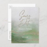 Elegant Watercolor Leaf Green & Gold Save the Date