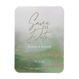 Elegant Watercolor Leaf Green & Gold Save the Date Magnet