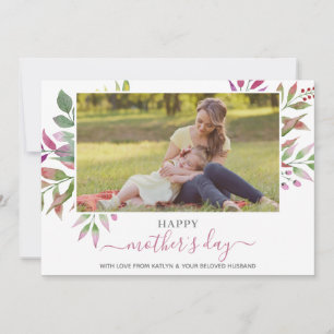 Elegant Watercolor Leaf Mother's Day Photo Holiday Card