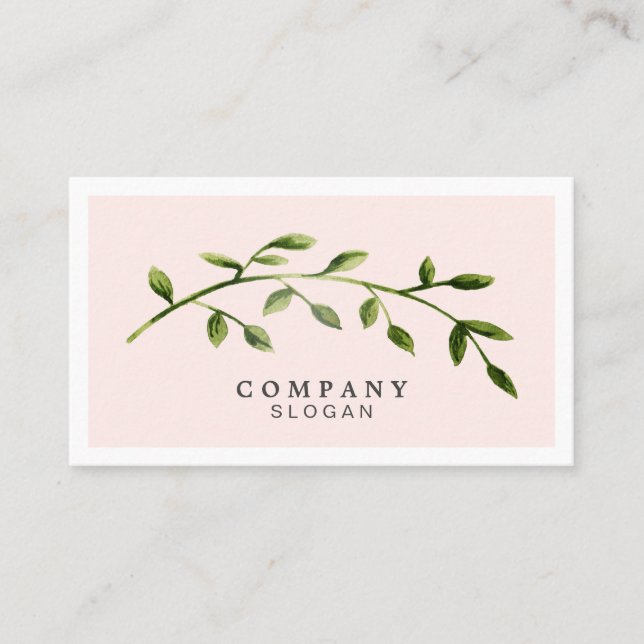Elegant Watercolor Leaf Pastel Pink Business Card (Front)