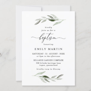Elegant Watercolor Leaf Spring Boy Girl Baptism Invitation