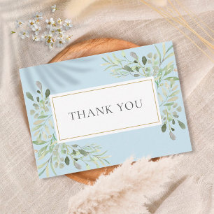 Elegant Watercolor Leaves Baby Boy Blue Thank You Card