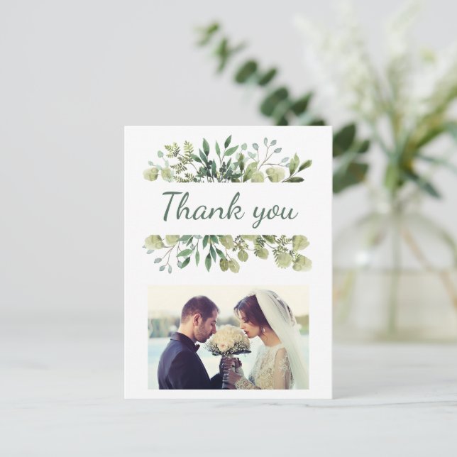 Elegant Watercolor Leaves Custom Wedding Photo Postcard (Standing Front)