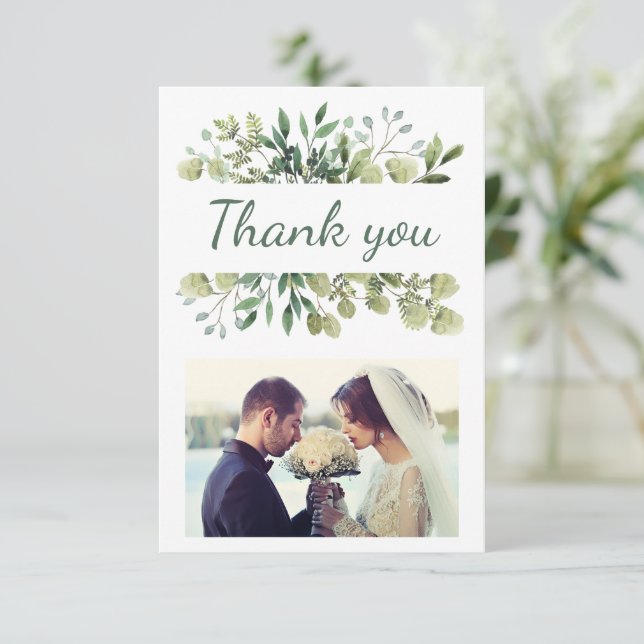 Elegant Watercolor Leaves Custom Wedding Photo Thank You Card (Standing Front)