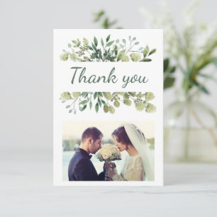 Elegant Watercolor Leaves Custom Wedding Photo Thank You Card