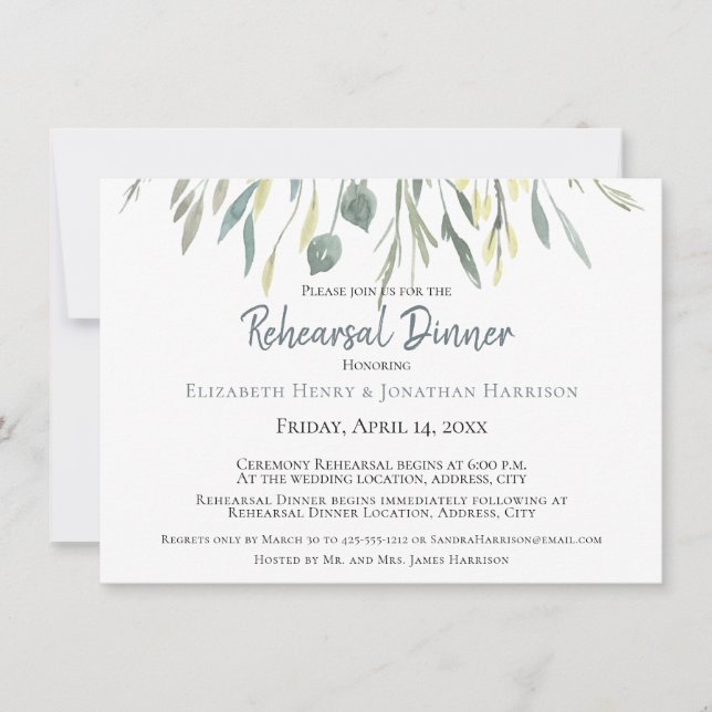 Elegant Watercolor Leaves Modern Rehearsal Dinne Invitation (Front)