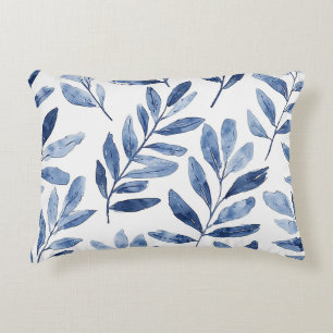 Elegant Watercolor Leaves Pattern Indigo Blue Decorative Cushion
