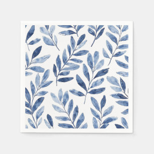 Elegant Watercolor Leaves Pattern Indigo Blue Napkin
