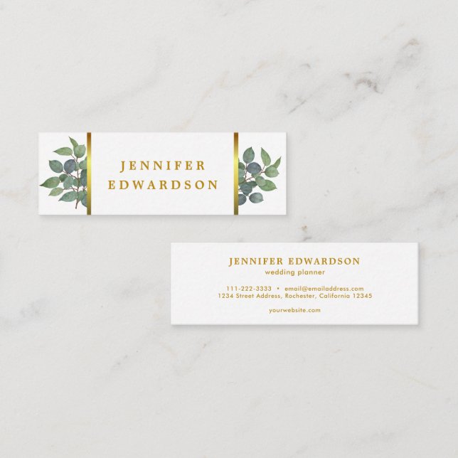 Elegant watercolor leaves white gold professional mini business card (Front/Back)