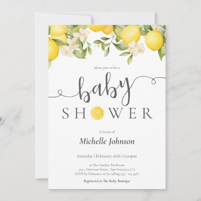 Elegant Watercolor Lemon Baby Shower Invitation (Front)