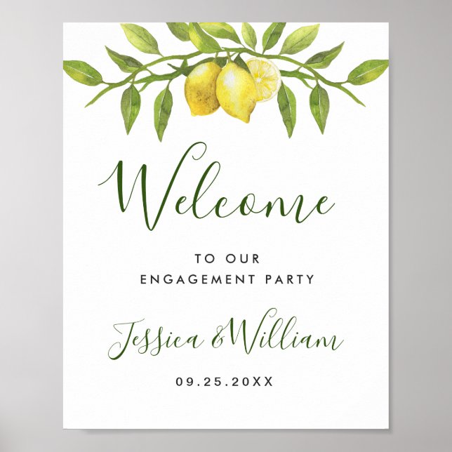 Elegant Watercolor Lemon Greenery ENGAGEMENT PARTY Poster (Front)