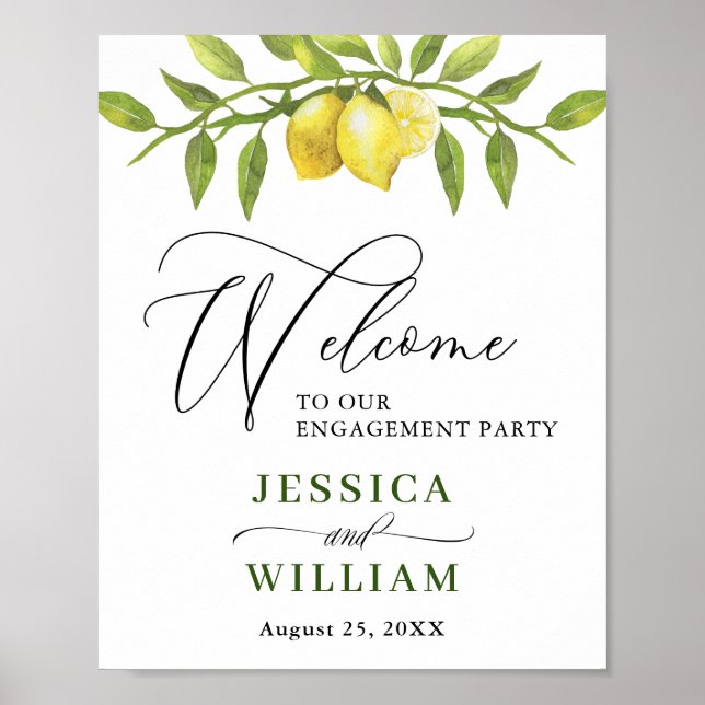 Elegant Watercolor Lemon Greenery ENGAGEMENT PARTY Poster (Front)
