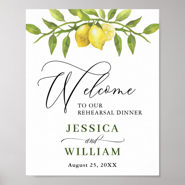 Elegant Watercolor Lemon Greenery REHEARSAL DINNER Poster (Front)