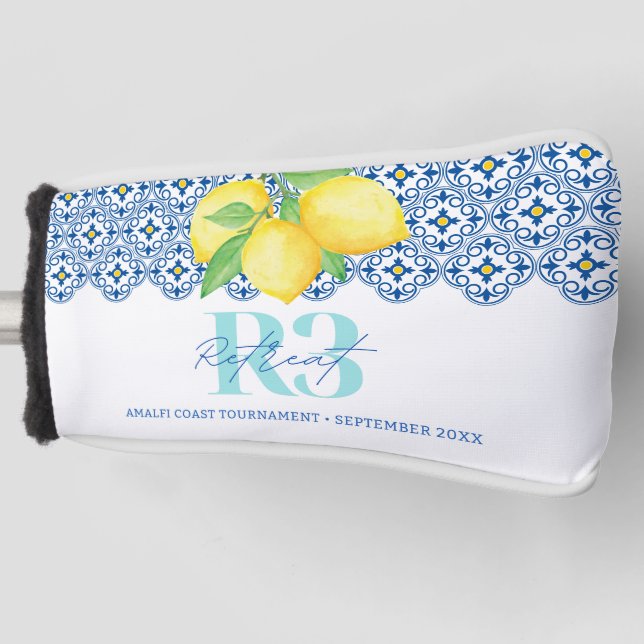 Elegant Watercolor Lemon Mediterranean Tile Logo Golf Head Cover (Front)