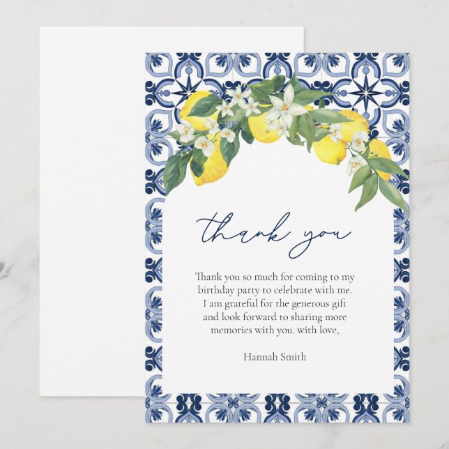 Elegant watercolor Lemon Positano  Thank You Card (Front/Back)